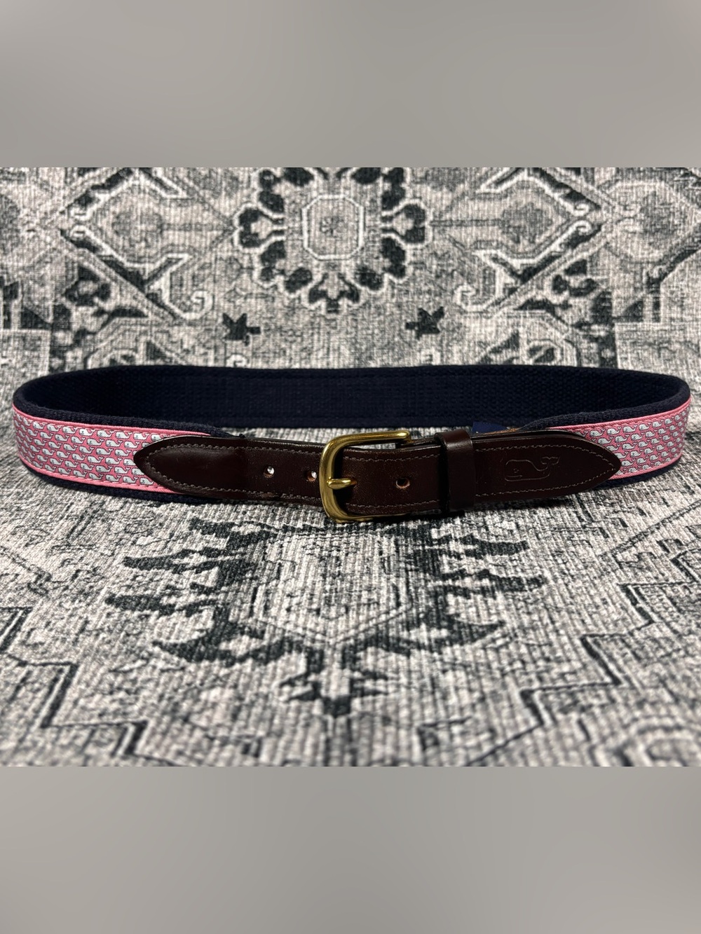 Vineyard Vines Pink Whale Motif Leather-Trim Belt size‎ 28